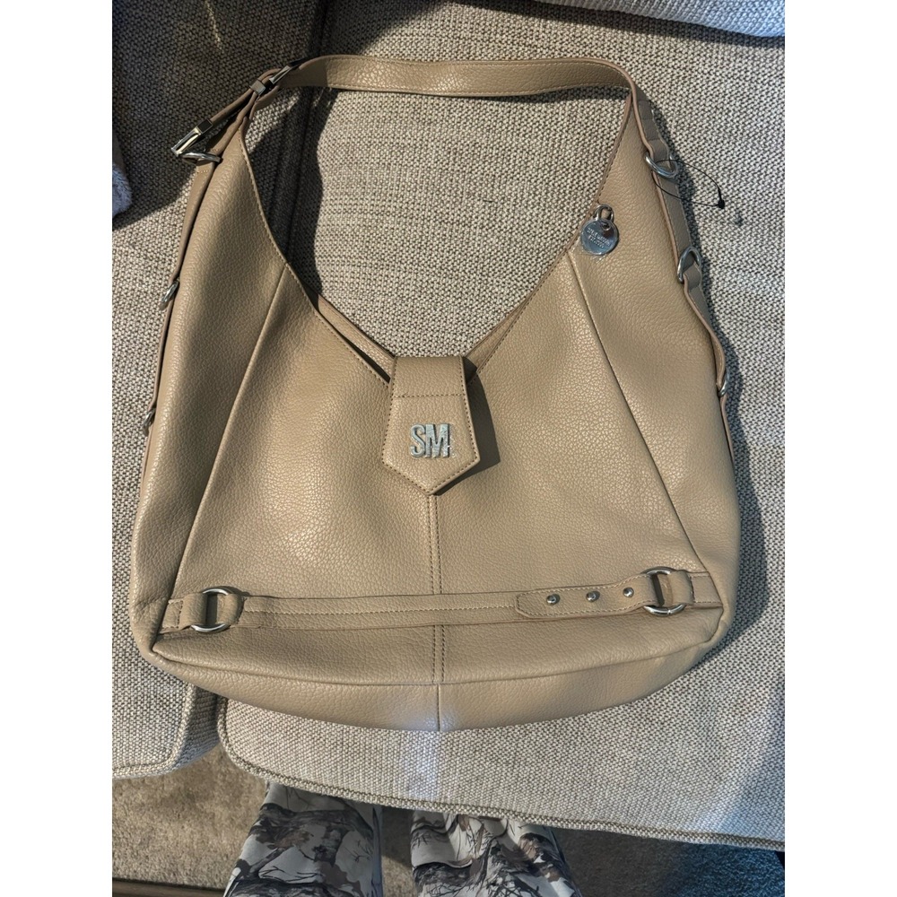 Steve Madden Pebbled Hobo Bag Beige Shoulder Strap Logo Buckle Bag Charm